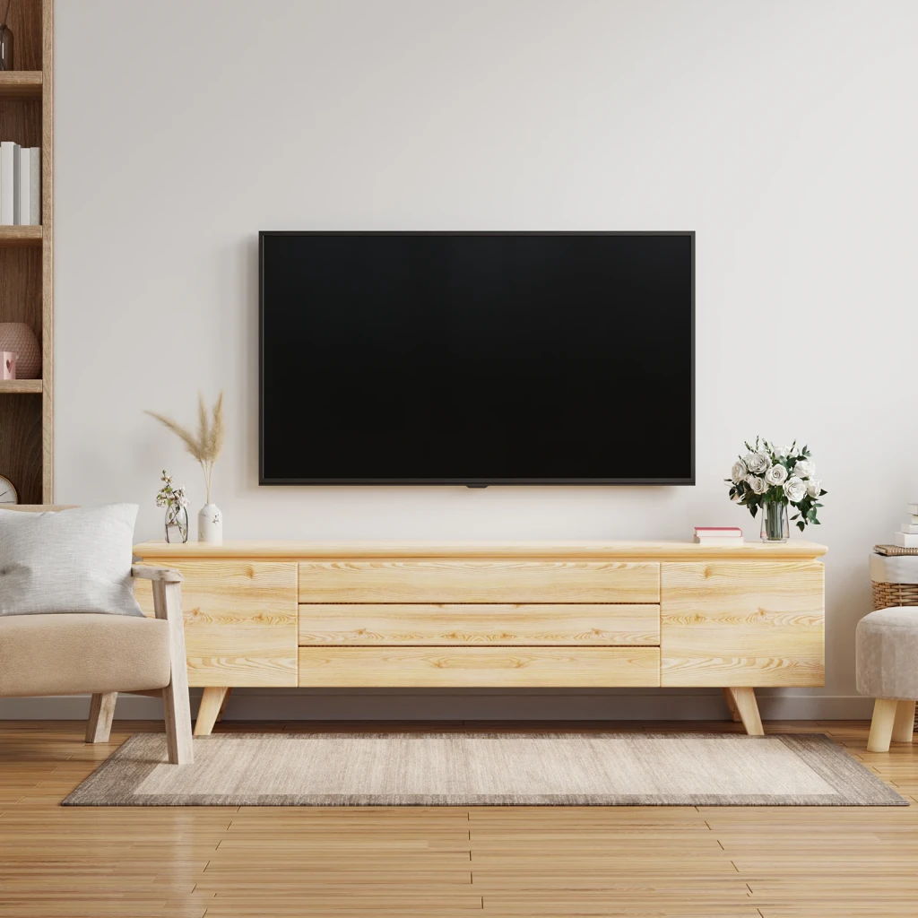 Soporte TV TooQ Negro Fijo 37-80 pulgadas VESA 600x400 LP1080F-B, en uso: TV grande montada en pared sobre mueble de madera
