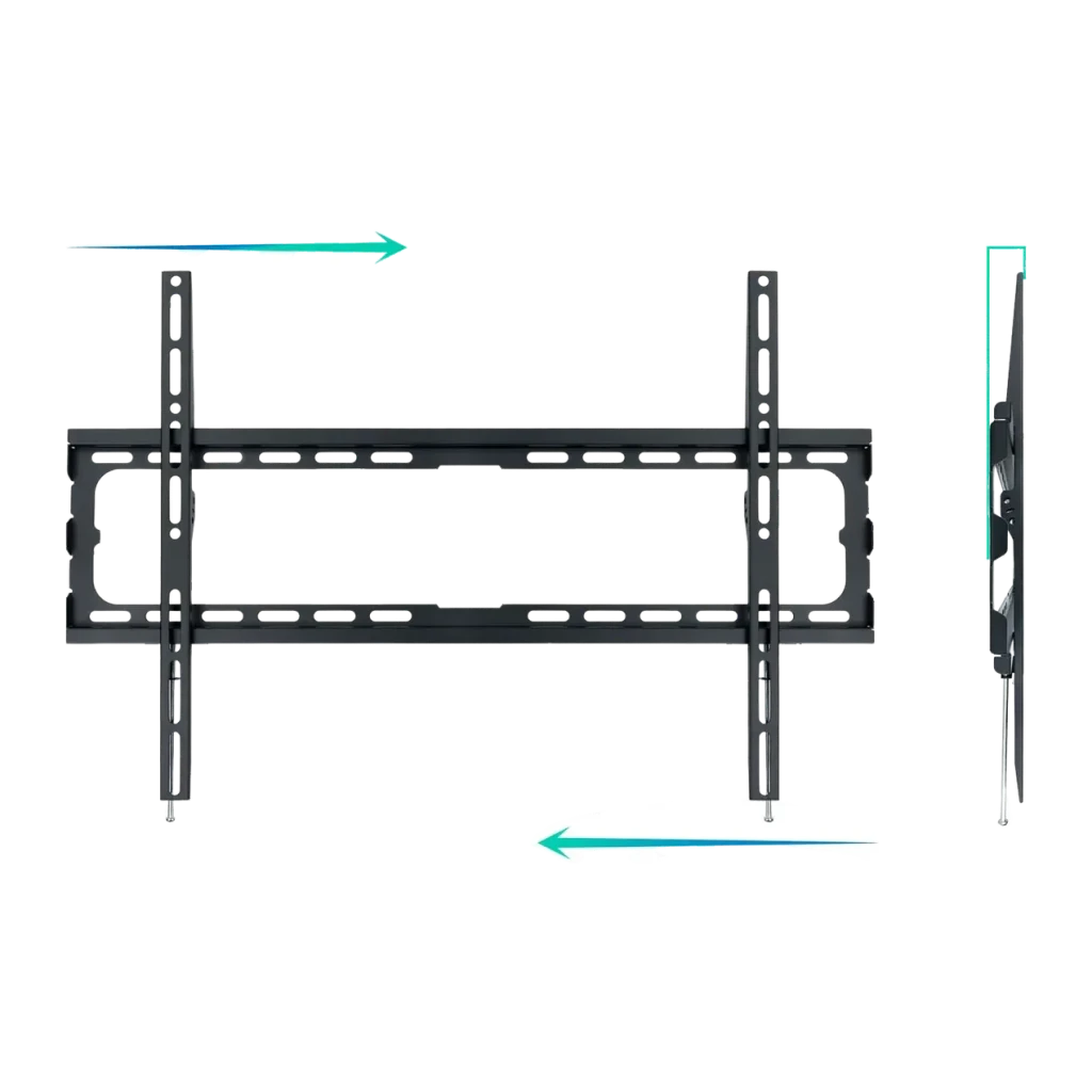 Soporte TV TooQ Negro Fijo 37-80 pulgadas VESA 600x400 LP1080F-B, detalle: vistas frontal y lateral del soporte con flechas