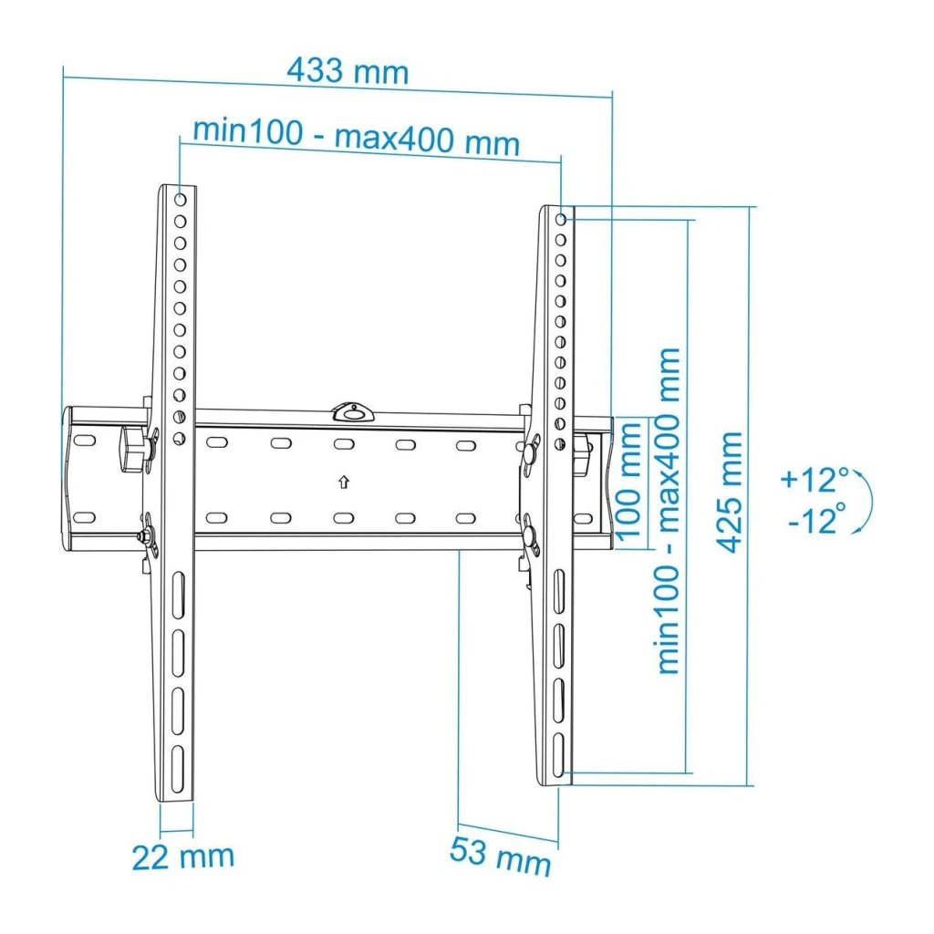 Soporte TV TooQ Negro Pared Inclinable 32-55 pulgadas LP4255T-B, diagrama técnico: cotas 433x425mm, VESA 100-400mm