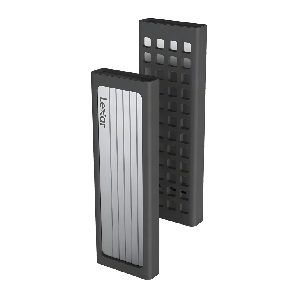 Boîtier SSD Lexar NVMe M.2 jusqu'à 4 To USB-C 10 Gbps Argent LPAE06N, détail: face avant argentée striée et grille