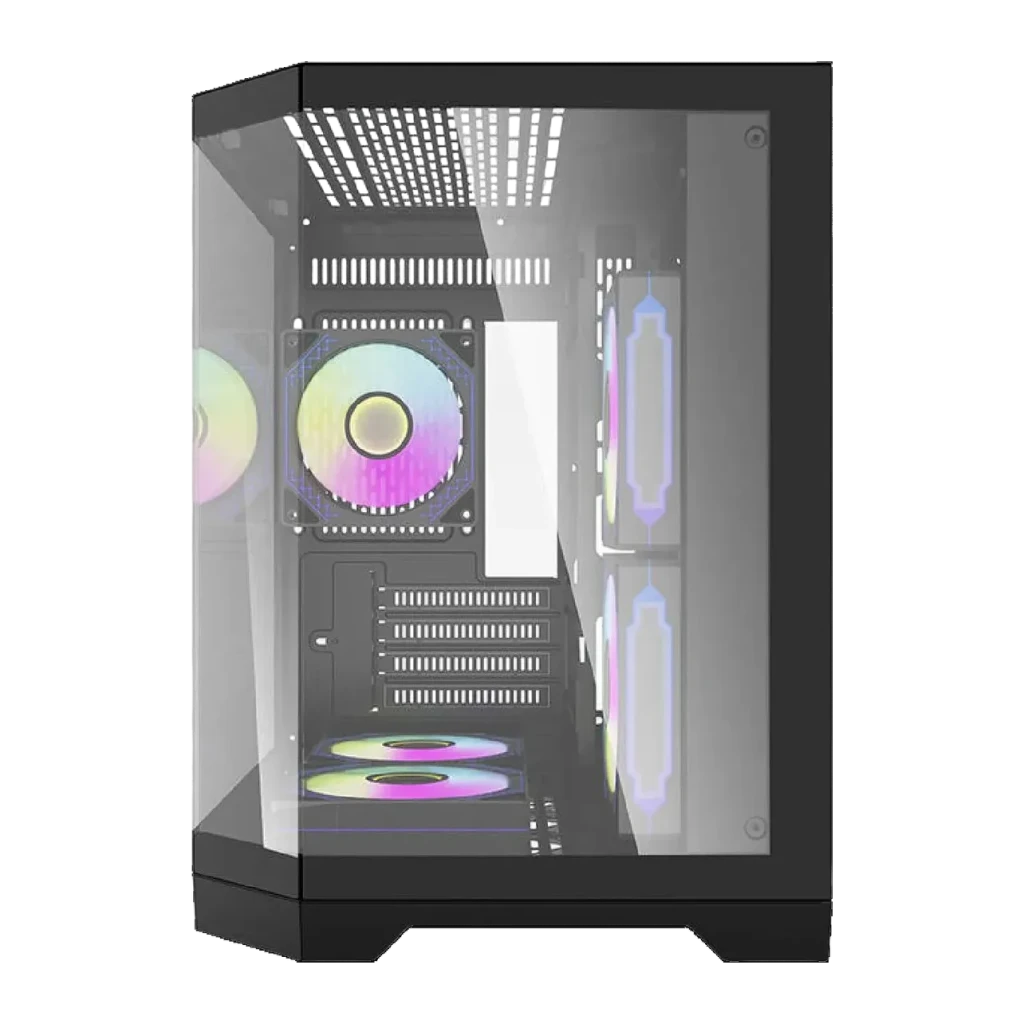 Caja PC Darkflash FT350 3 paneles cristal templado M-ATX / Mini-ITX Negro, detalle: interior con ventiladores ARGB y panel