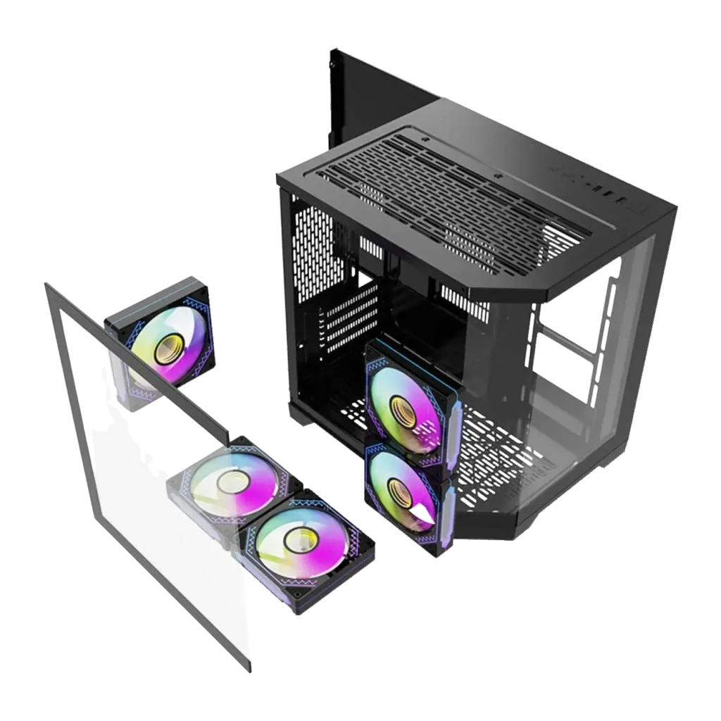 Caja PC Darkflash FT350 3 paneles cristal templado M-ATX / Mini-ITX Negro, detalle: panel frontal extraído y 4 ventiladores