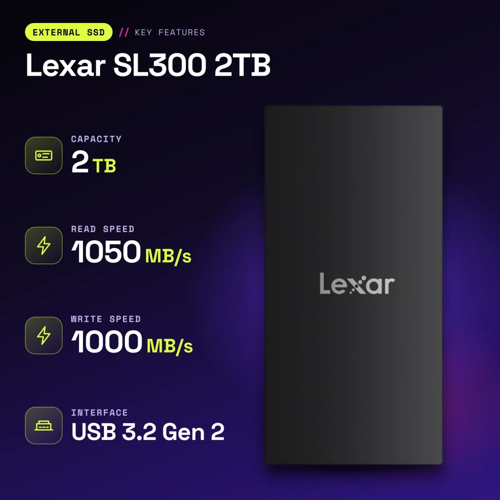 SSD Externo Lexar SL300 2TB IP54 USB-C USB 3.2 Gen 2 Preto - características