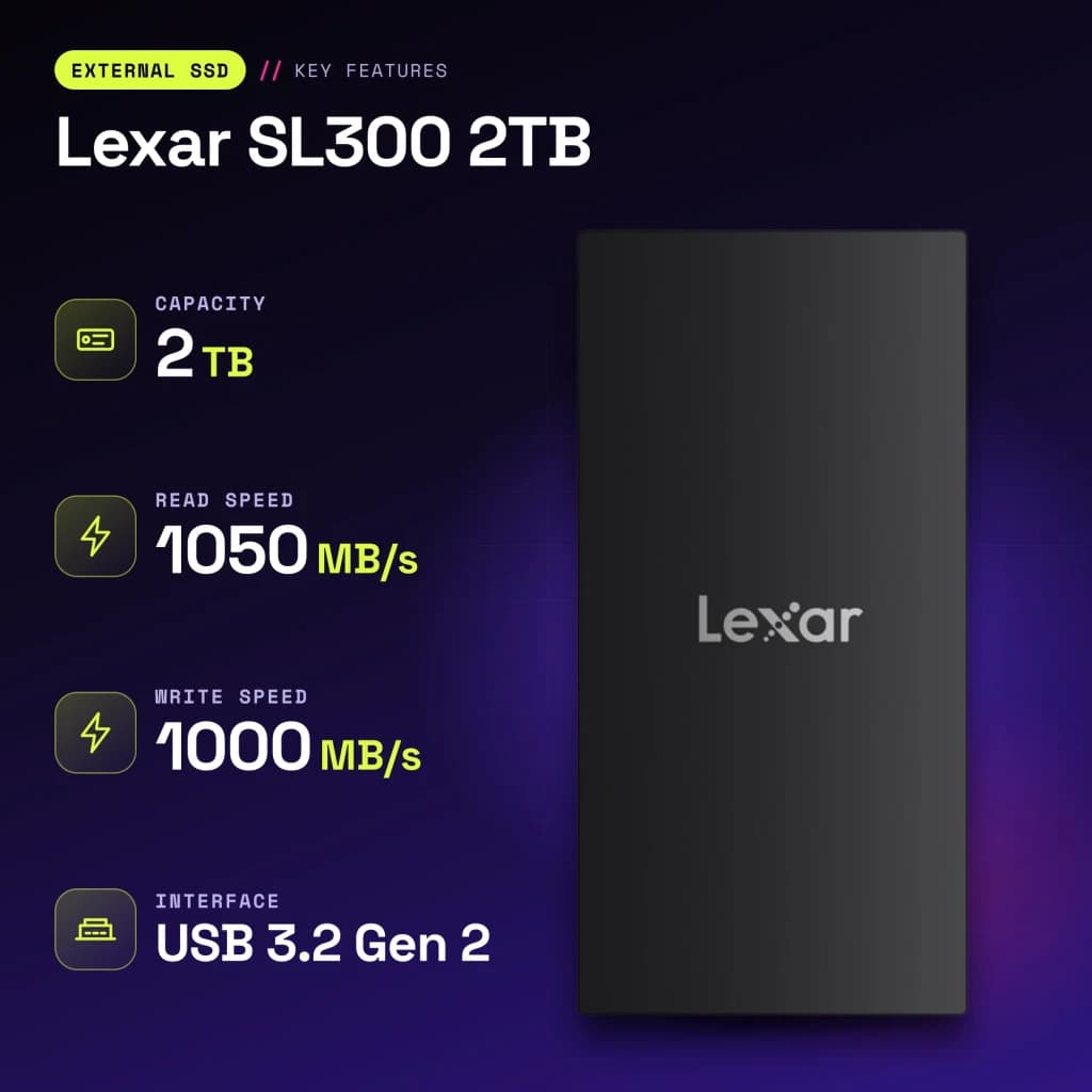 SSD Externo Lexar SL300 2TB IP54 USB-C USB 3.2 Gen 2 Preto - características