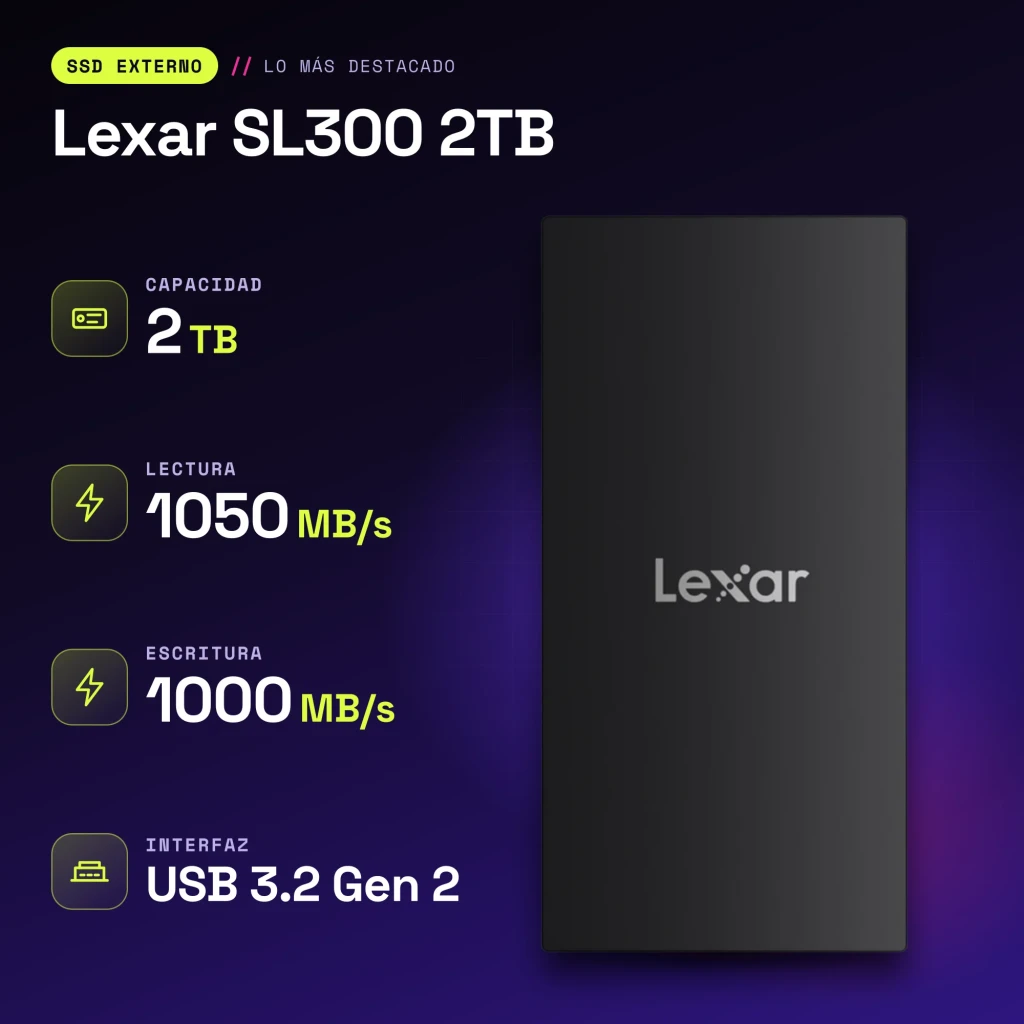 SSD Externo Lexar SL300 2TB IP54 USB-C USB 3.2 Gen 2 Preto - características