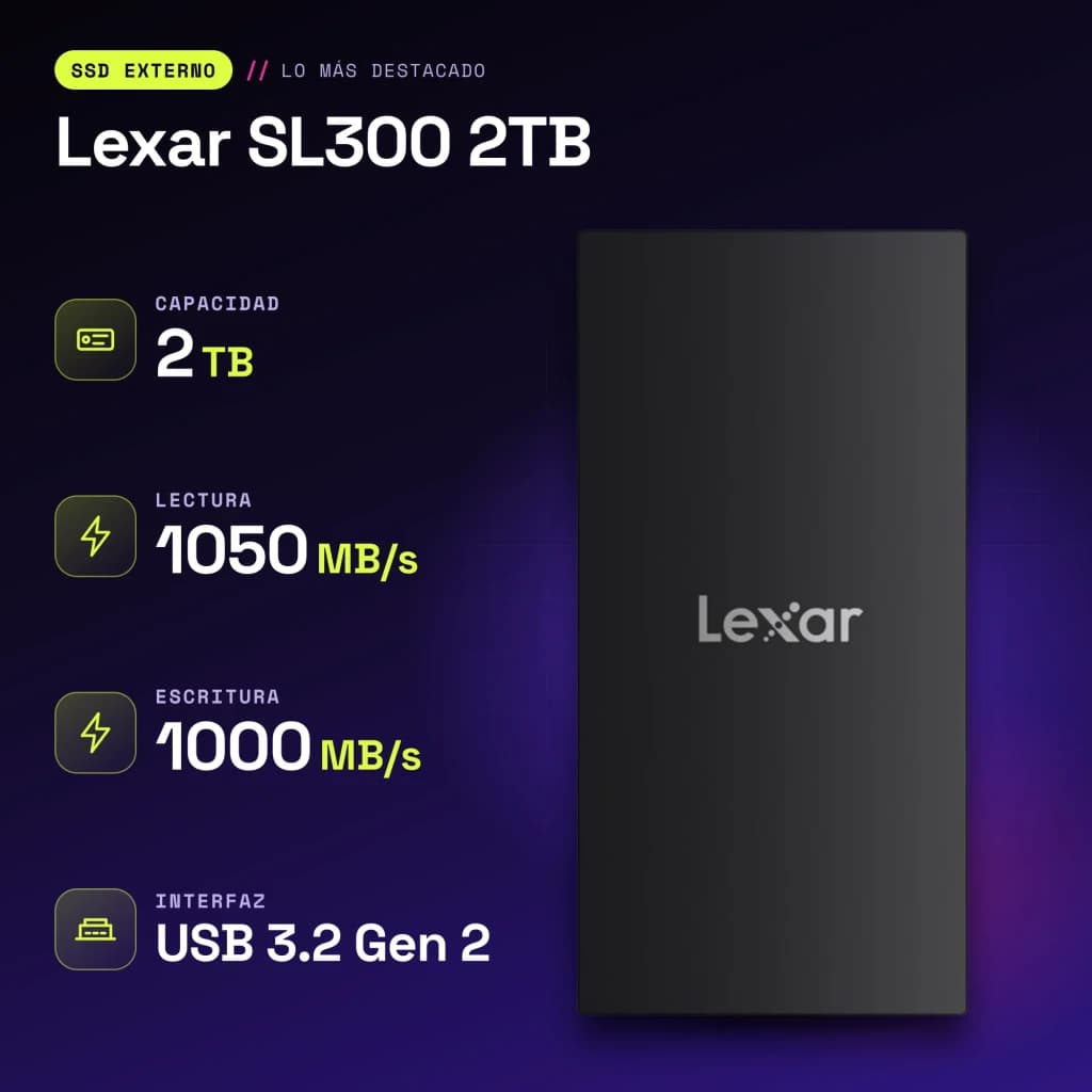 SSD Externo Lexar SL300 2TB IP54 USB-C USB 3.2 Gen 2 Preto - características