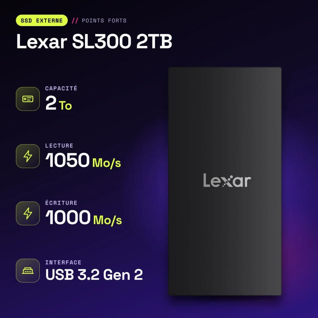 SSD Externo Lexar SL300 2TB IP54 USB-C USB 3.2 Gen 2 Preto - características