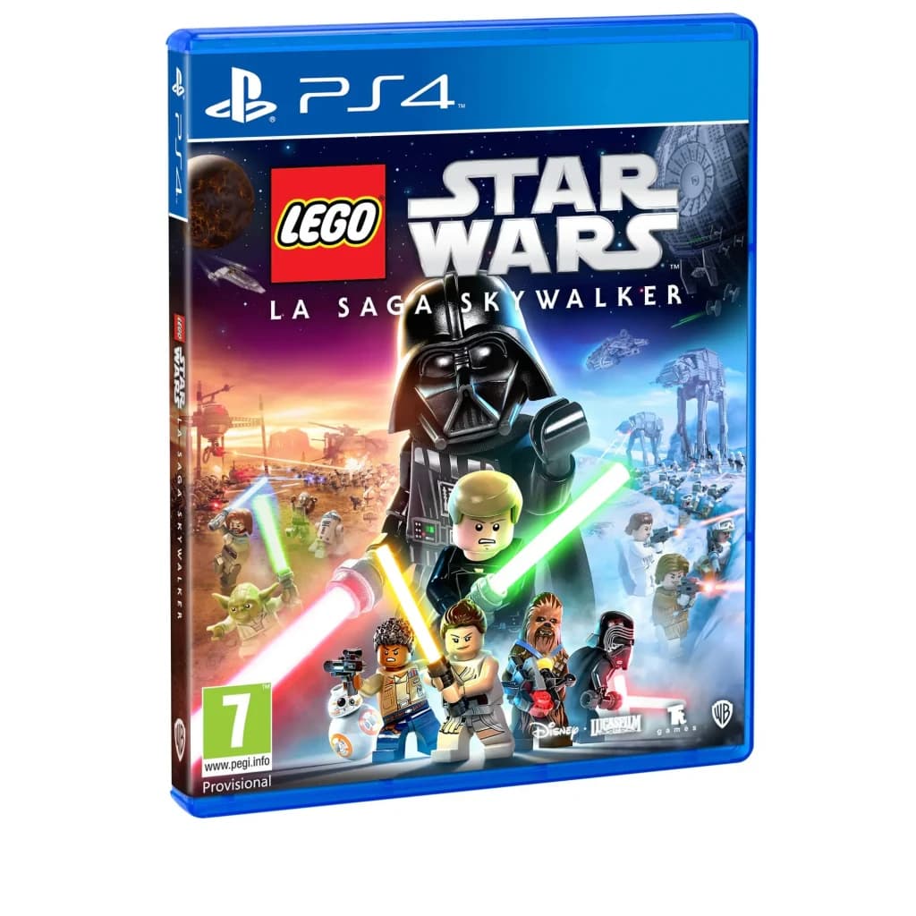Videojogo LEGO Star Wars: A Saga Skywalker Standard PS4, vista frontal: caixa azul PS4 com personagens LEGO Darth Vader