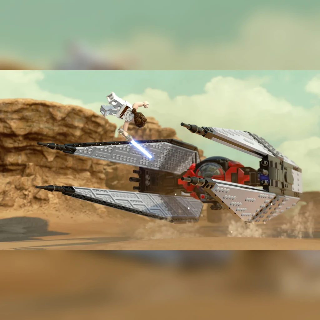 Videojogo LEGO Star Wars: A Saga Skywalker Standard PS4, em jogo: Rey salta sobre um TIE Whisper com sabre de luz em planeta