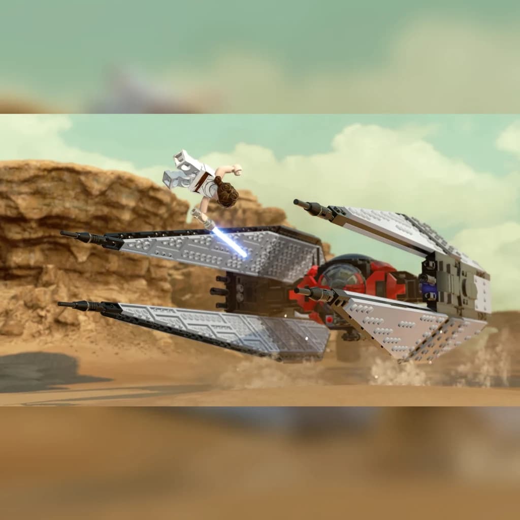 Videojogo LEGO Star Wars: A Saga Skywalker Standard PS4, em jogo: Rey salta sobre um TIE Whisper com sabre de luz em planeta