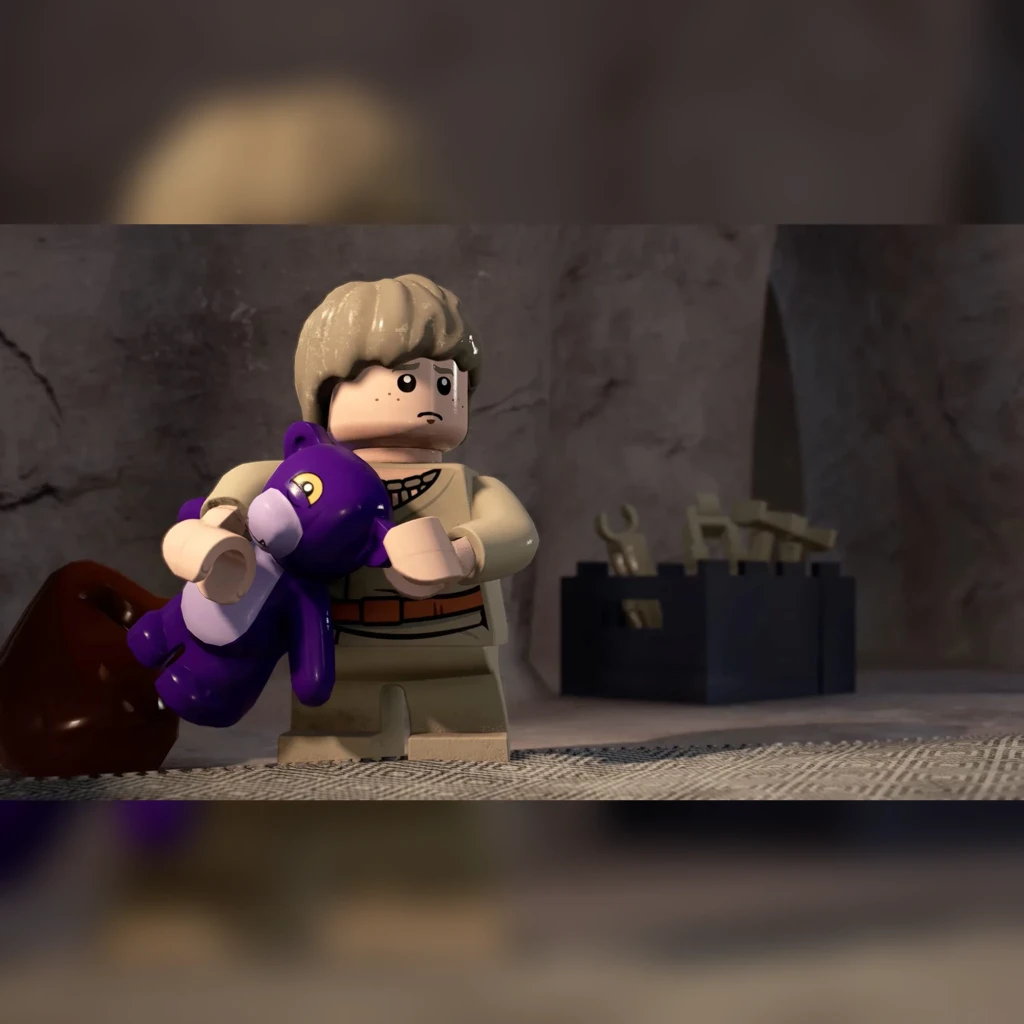 Videojogo LEGO Star Wars: A Saga Skywalker Standard PS4, em uso: minifigura de Luke Skywalker segurando uma criatura roxa
