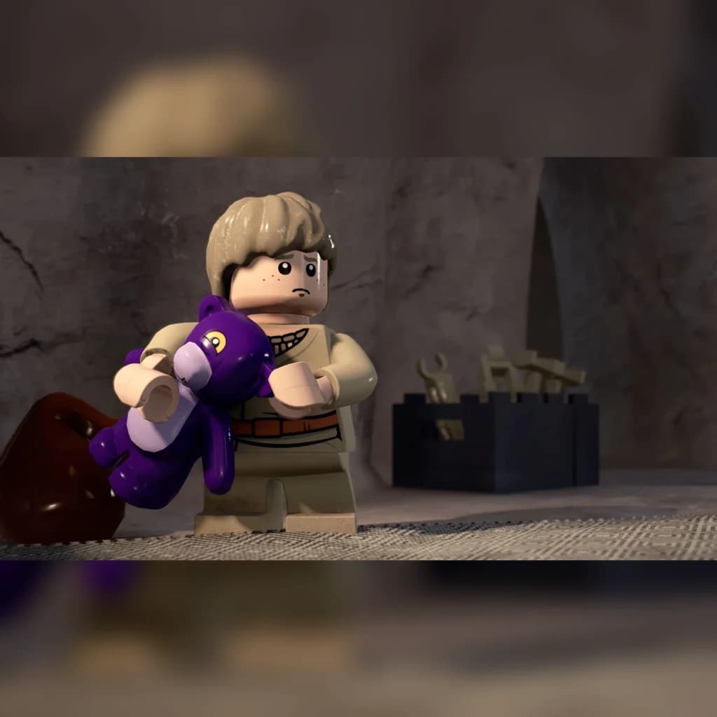 Videojogo LEGO Star Wars: A Saga Skywalker Standard PS4, em uso: minifigura de Luke Skywalker segurando uma criatura roxa
