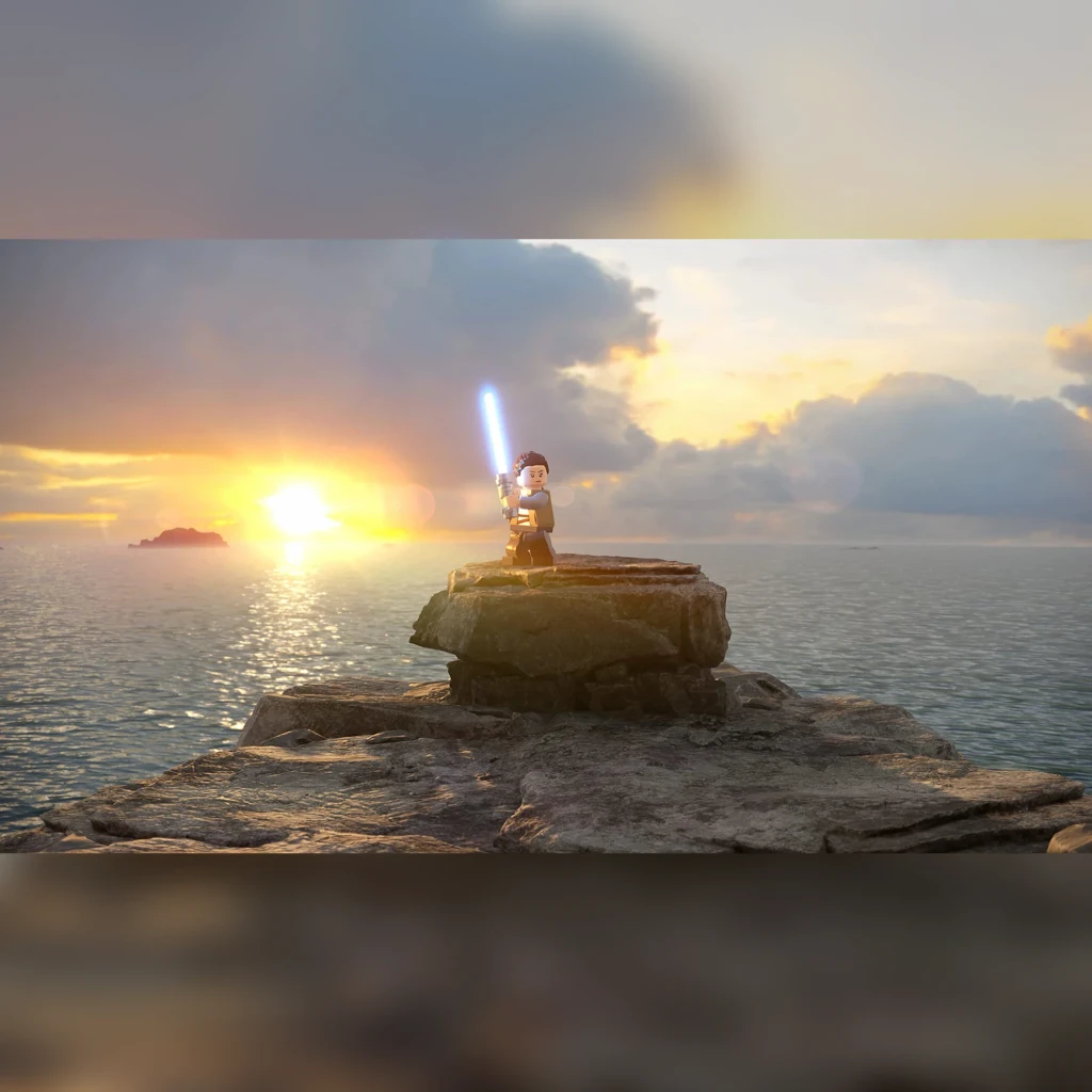 Videojogo LEGO Star Wars: A Saga Skywalker Standard PS4, em uso: figura LEGO com sabre de luz azul sobre rocha ao pôr do sol