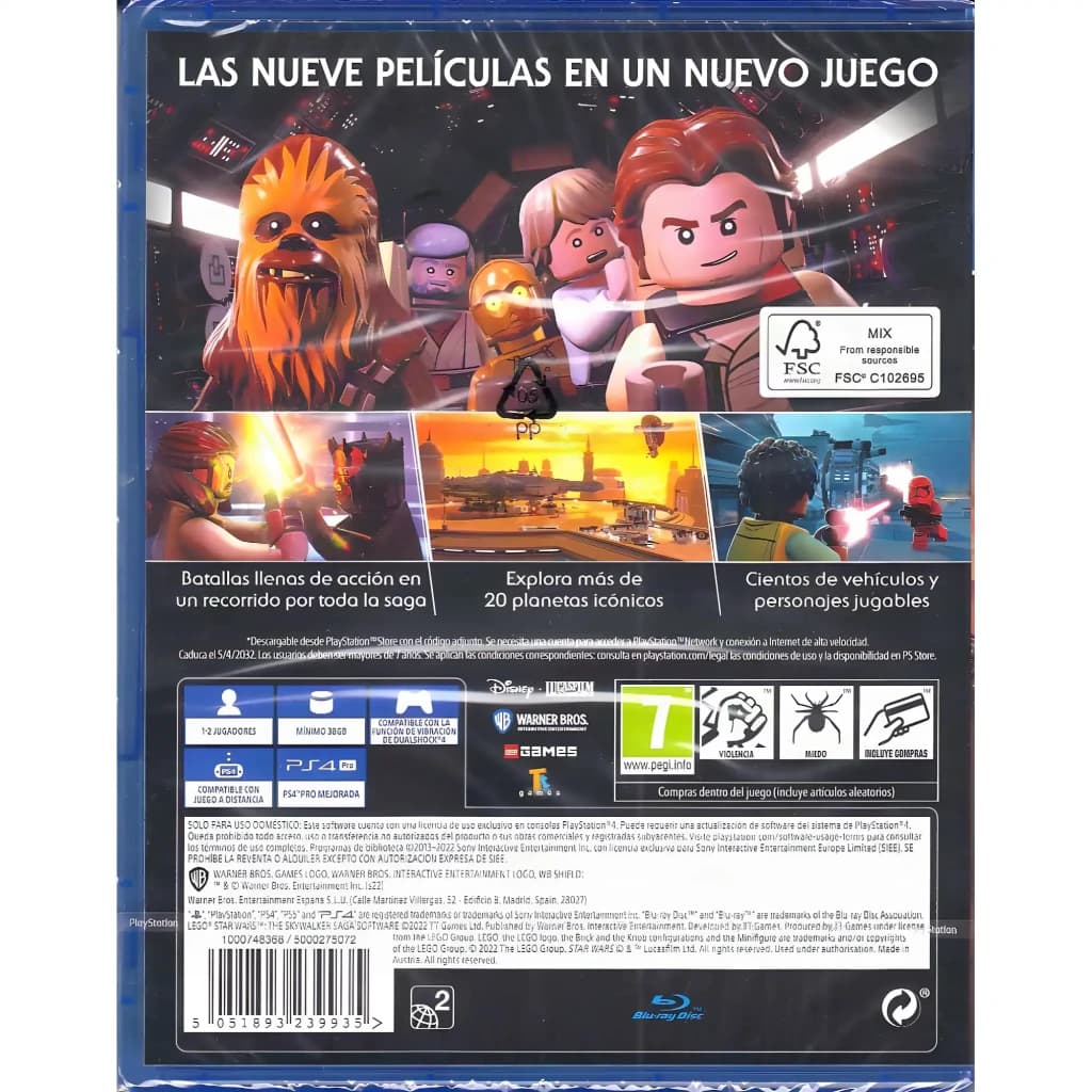 Videojogo LEGO Star Wars: A Saga Skywalker Standard PS4, vista traseira: capa com personagens LEGO, imagens de jogo