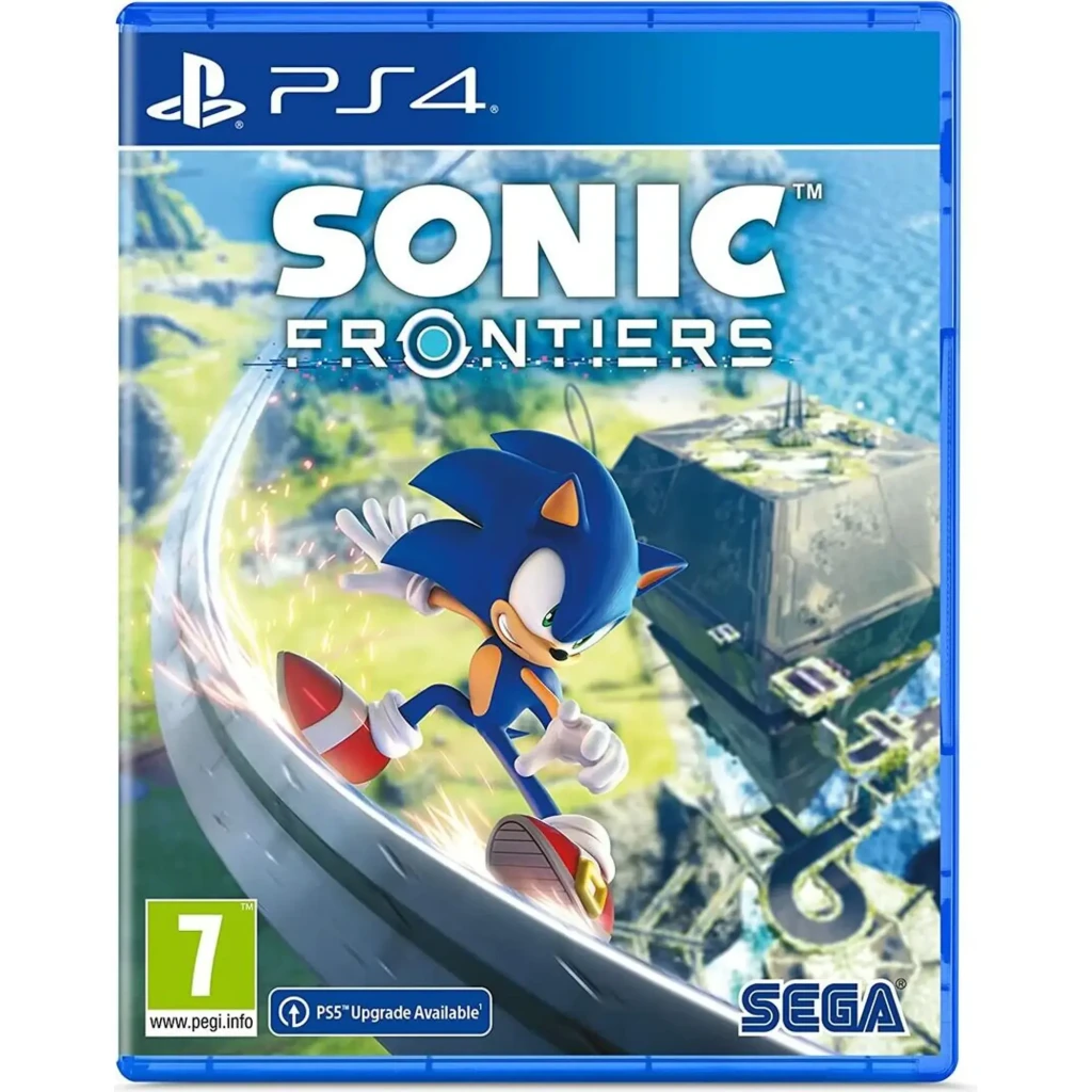 SEGA Sonic Frontiers Day One Edition PS4, vista frontal: caja azul PS4 con Sonic corriendo, logo del juego y clasificación
