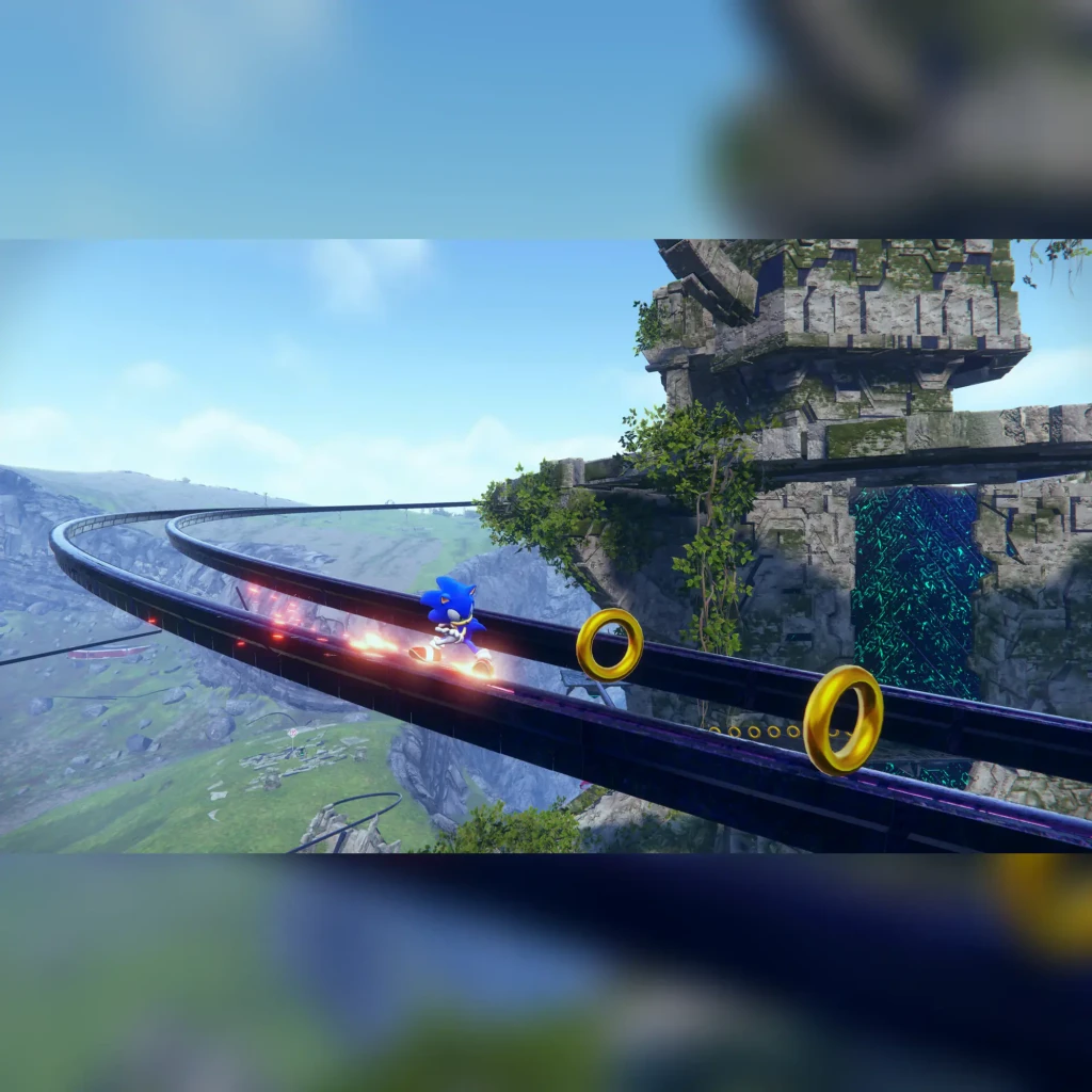 SEGA Sonic Frontiers Day One Edition PS4, en uso: Sonic corre por raíl elevado con anillos dorados y ruinas flotantes