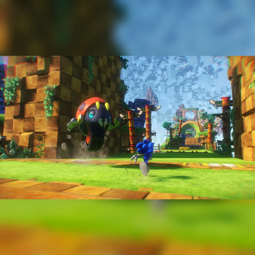 SEGA Sonic Frontiers Day One Edition PS4, en uso: Sonic corre ante un enemigo robot en zona verde con ruinas digitales
