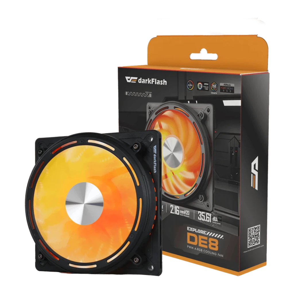 Ventilador de caja Darkflash DE8 120mm ARGB Negro, contenido de la caja: ventilador con iluminación naranja y caja