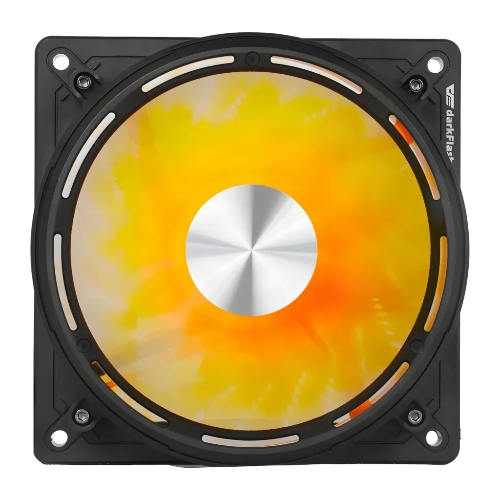 Ventilador de caja Darkflash DE8 120mm ARGB Negro, detalle frontal: iluminación ARGB amarillo-naranja en aspa translúcida