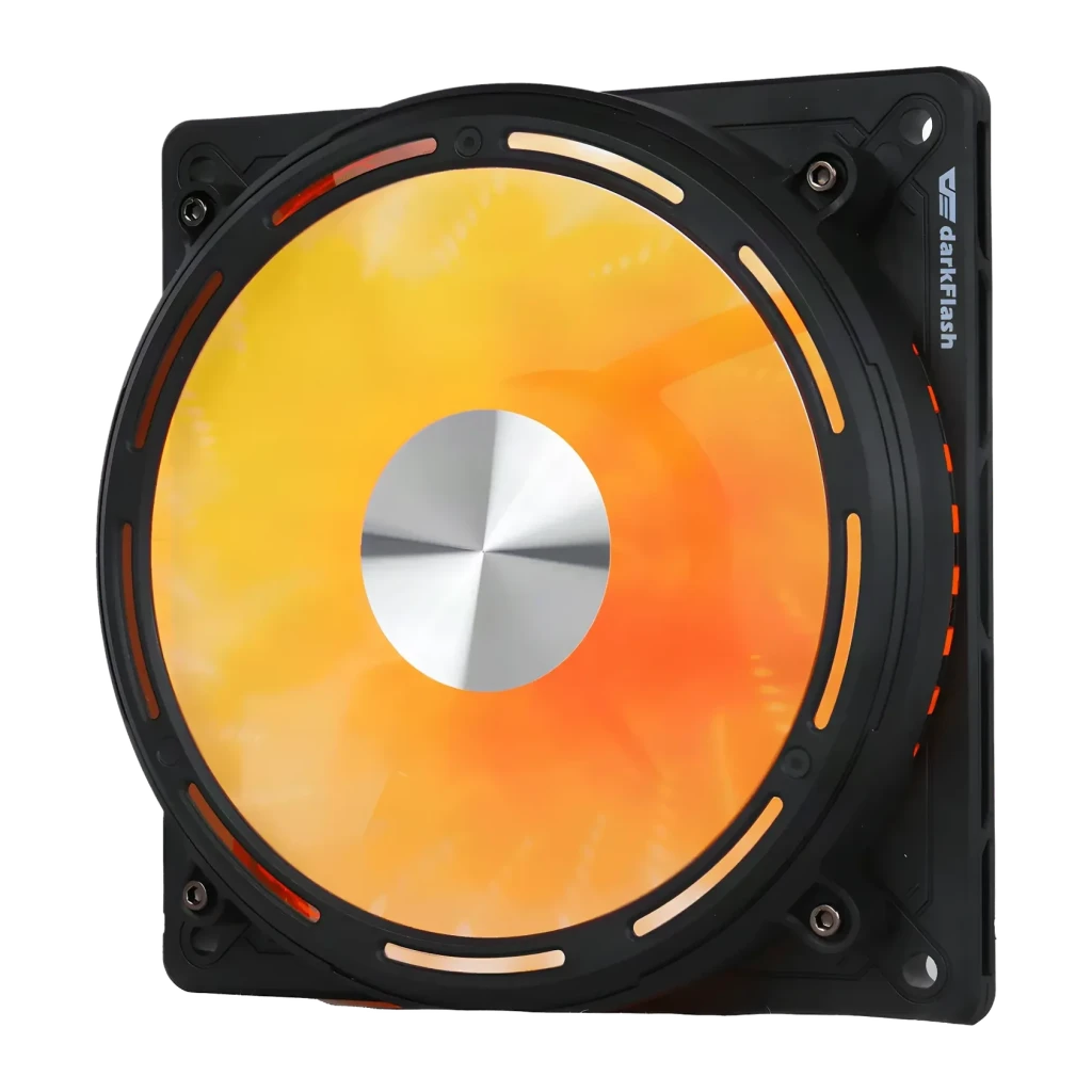 Ventilador de caja Darkflash DE8 120mm ARGB Negro, detalle: iluminación ARGB naranja intensa en aspa circular y marco negro