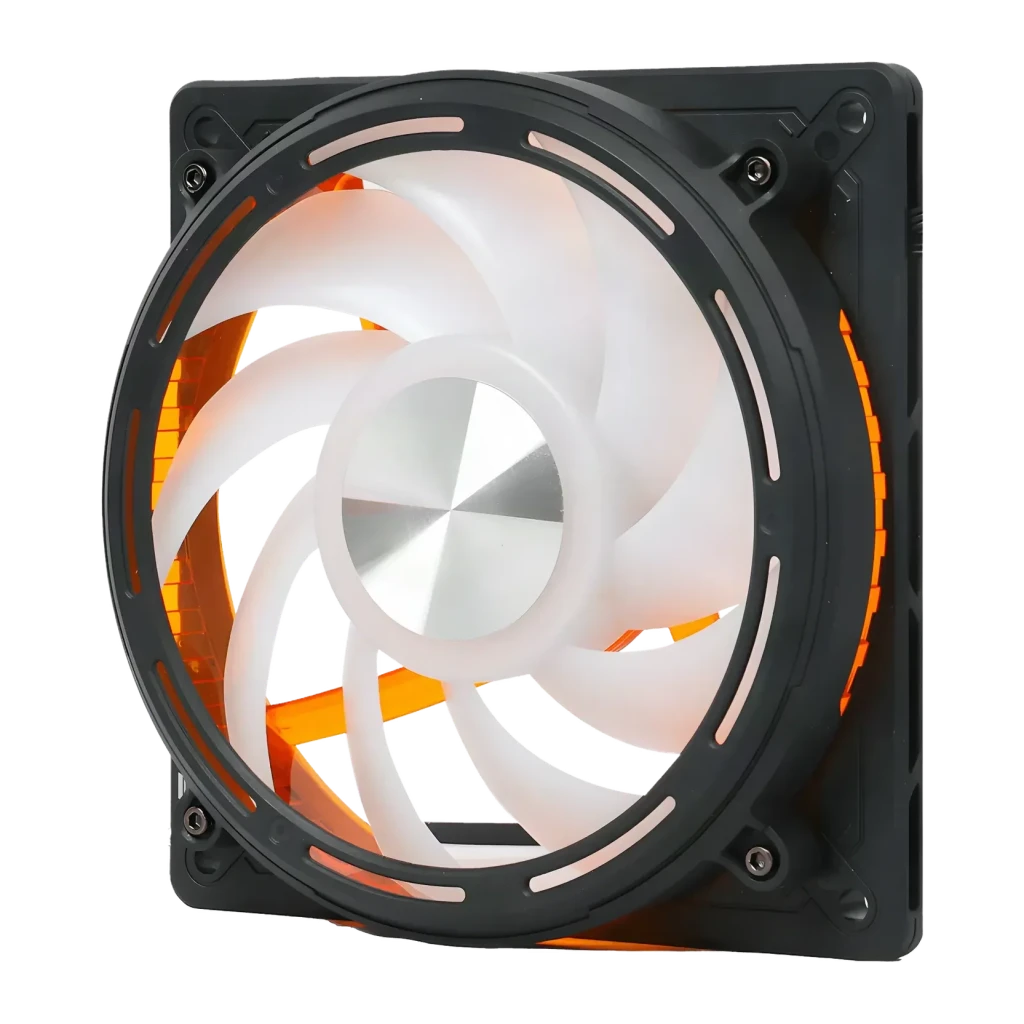 Ventilador de caja Darkflash DE8 120mm ARGB Negro, detalle: aspas translúcidas e iluminación ARGB naranja en marco negro