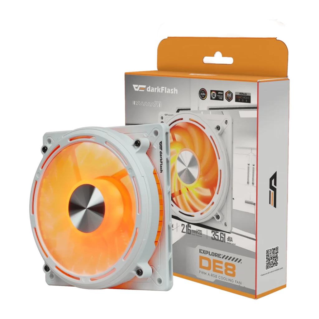 Ventilador de caja Darkflash DE8 120mm PWM 120 × × 25 mm Blanco, contenido de la caja: ventilador con iluminación ARGB