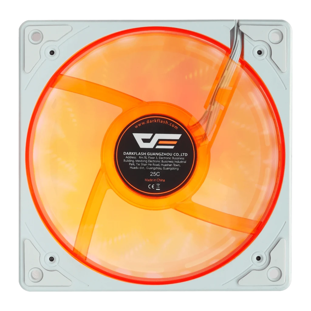 Ventilador de caja Darkflash DE8 120mm PWM 120 × × 25 mm Blanco, vista trasera: etiqueta central Darkflash, aspas naranjas