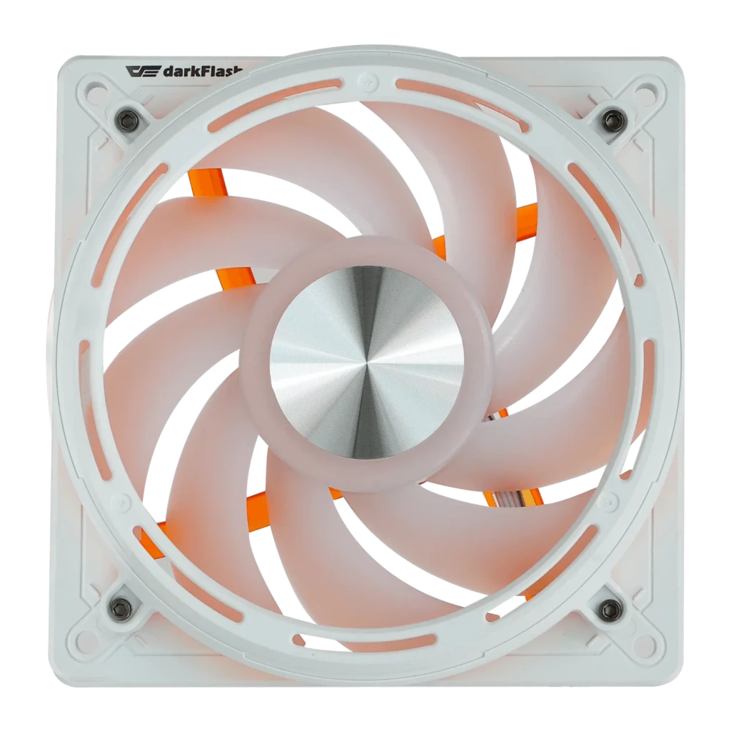 Ventilador de caja Darkflash DE8 120mm PWM 120 × × 25 mm Blanco, detalle frontal: aspas translúcidas con iluminación naranja