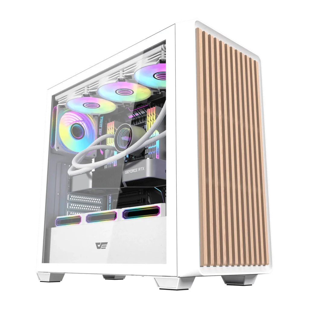 Caja PC Darkflash Cristal Templado ATX 4 Ventiladores ARGB Blanco DS900WD, vista frontal: panel lateral de cristal templado