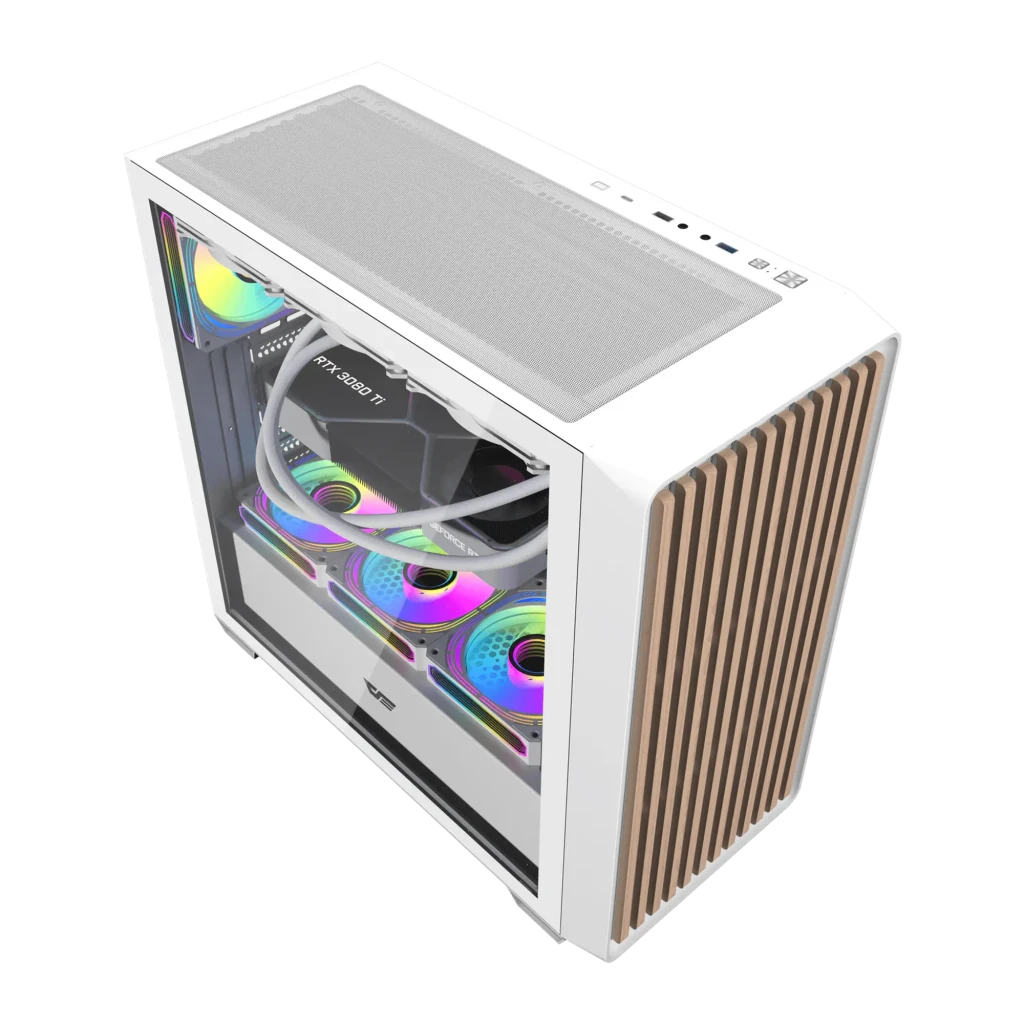 Caja PC Darkflash Cristal Templado ATX 4 Ventiladores ARGB Blanco DS900WD, detalle: interior con ventiladores ARGB