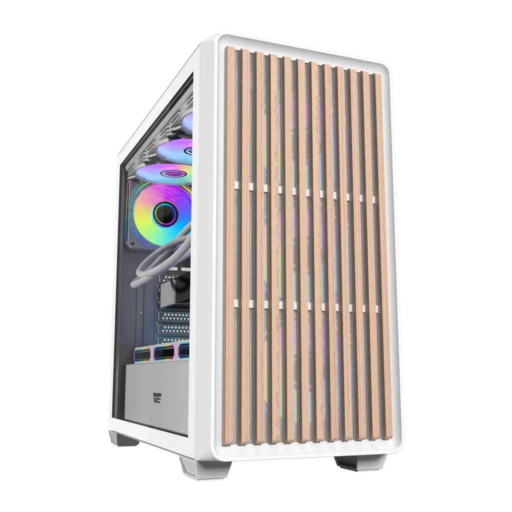 Caja PC Darkflash Cristal Templado ATX 4 Ventiladores ARGB Blanco DS900WD, detalle: panel frontal con listones efecto madera