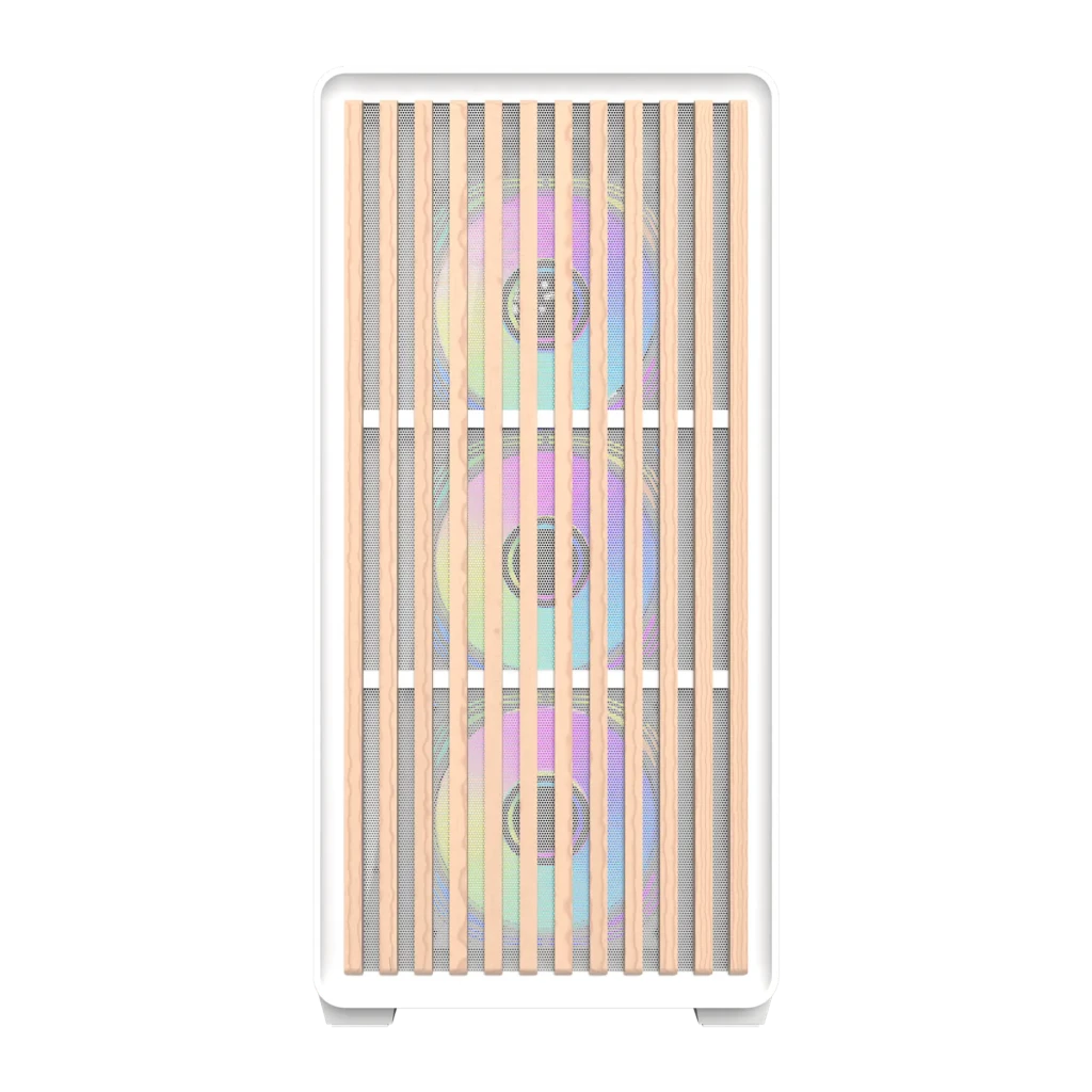 Caja PC Darkflash Cristal Templado ATX 4 Ventiladores ARGB Blanco DS900WD, detalle frontal: panel mesh con listones madera