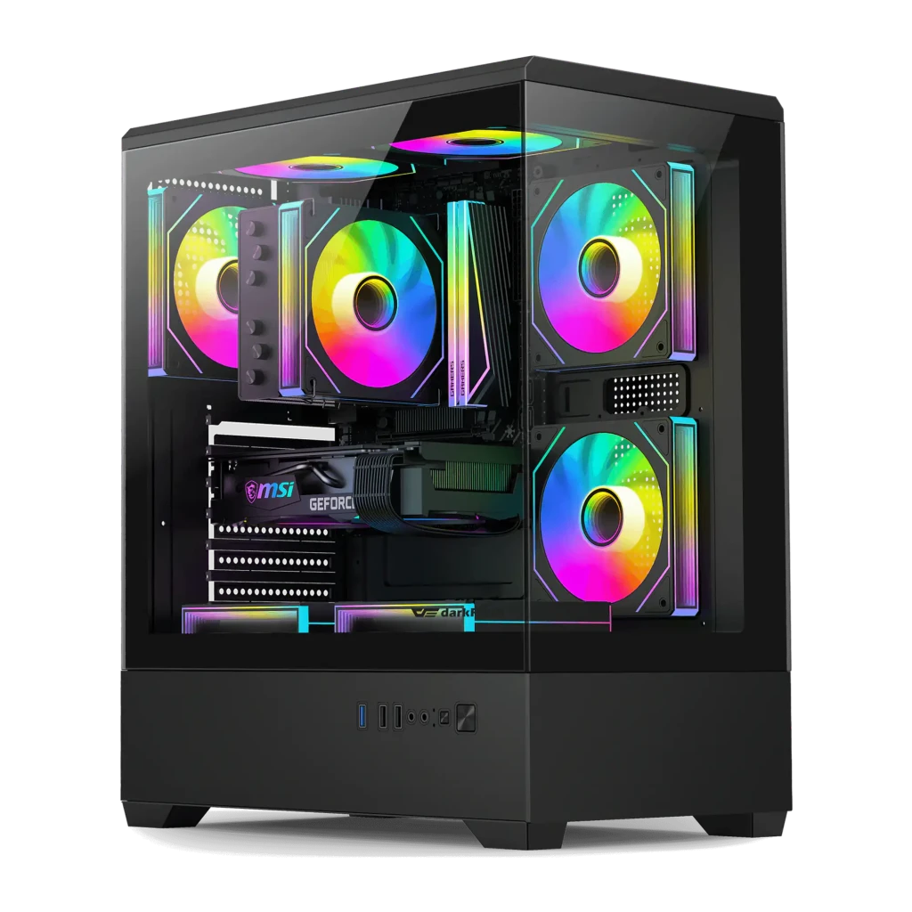 Caja PC Darkflash C365 Cristal Templado 270° ATX/M-ATX/ITX Negro, vista frontal: panel lateral de vidrio curvo con 5