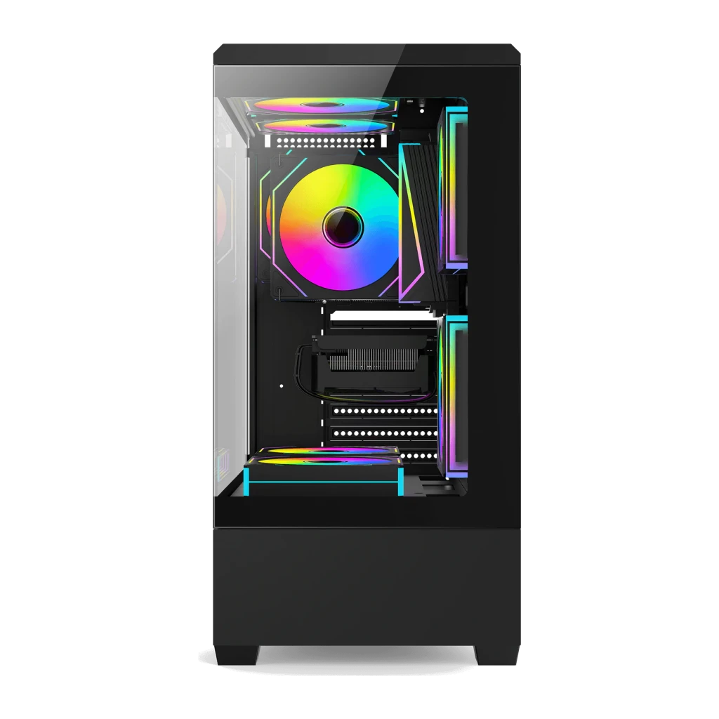 Caja PC Darkflash C365 Cristal Templado 270° ATX/M-ATX/ITX Negro, detalle: interior con ventiladores y tiras RGB iluminados