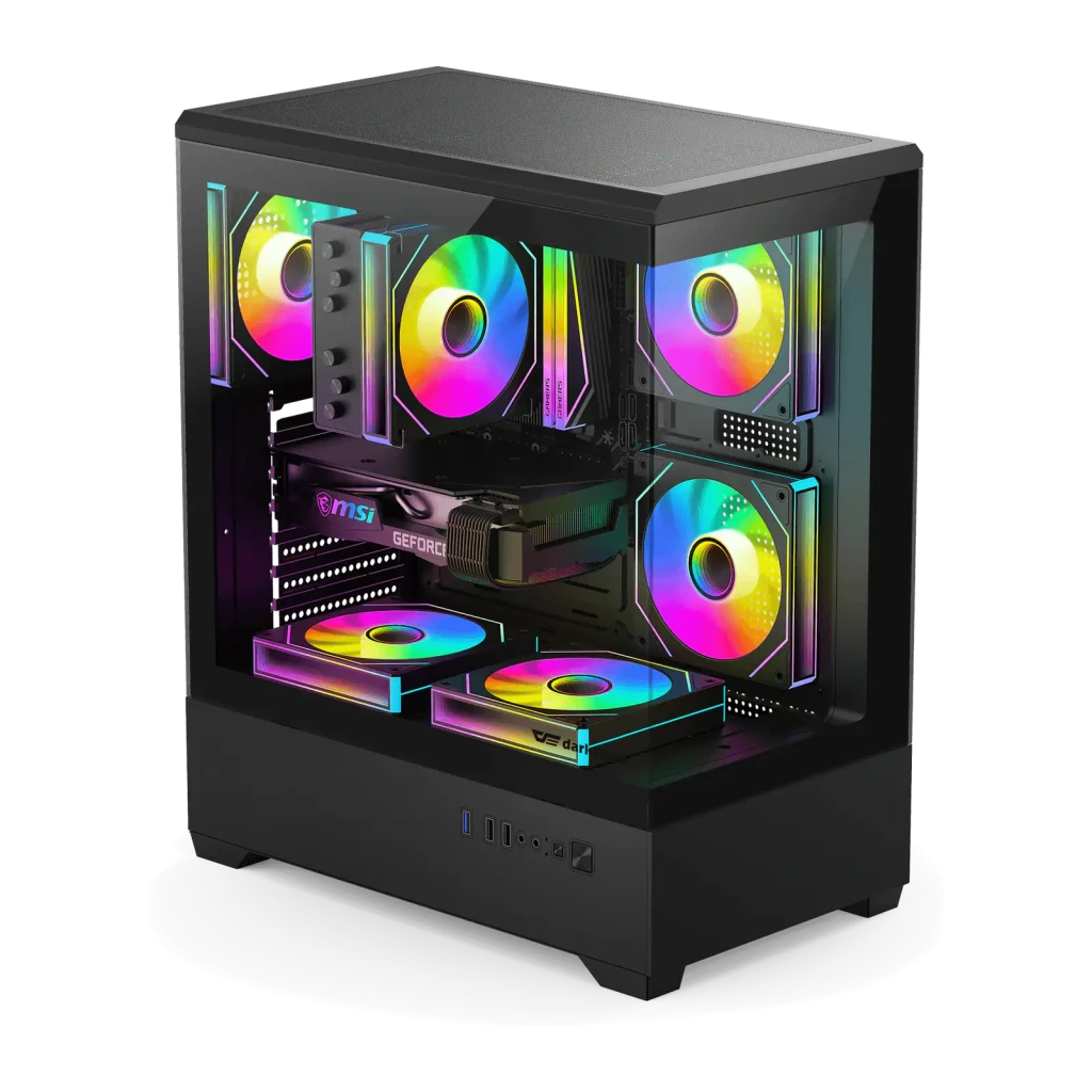 Caja PC Darkflash C365 Cristal Templado 270° ATX/M-ATX/ITX Negro, detalle: interior con 5 ventiladores ARGB, GPU MSI GeForce