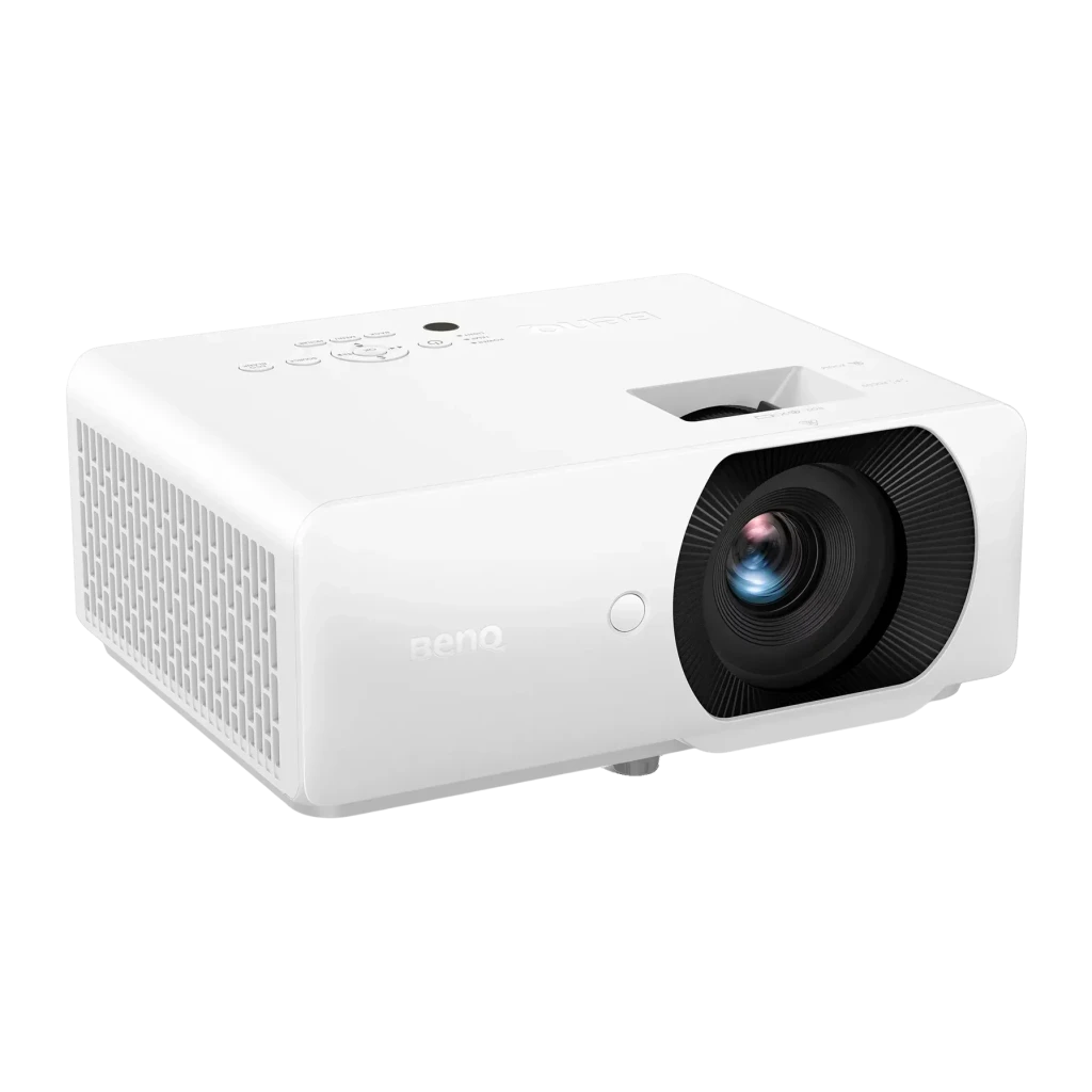 Projecteur BenQ Full HD 1080p 4000 Lumens ANSI Laser DLP Blanc LH655C, détail: objectif à lentille bleutée, grille latérale