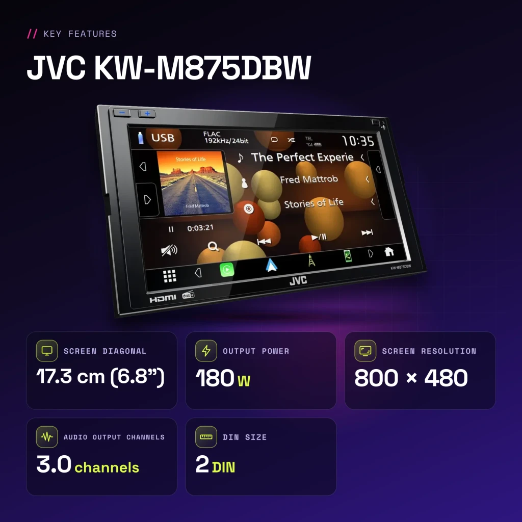Autorradio JVC Negro CarPlay Android Auto Inalámbrico 6.8 pulgadas KW-M875DBW - características