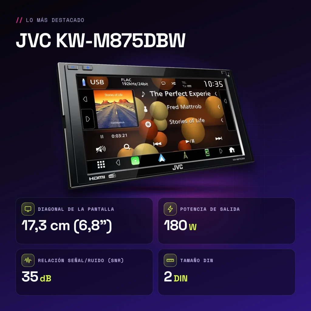 Autorradio JVC Negro CarPlay Android Auto Inalámbrico 6.8 pulgadas KW-M875DBW - características