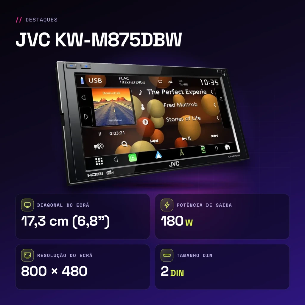 Autorradio JVC Negro CarPlay Android Auto Inalámbrico 6.8 pulgadas KW-M875DBW - características