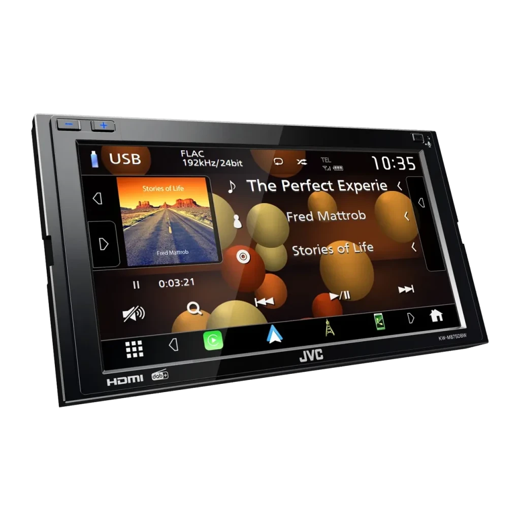 Autorradio JVC Negro CarPlay Android Auto Inalámbrico 6.8 pulgadas KW-M875DBW, vista frontal: pantalla táctil encendida