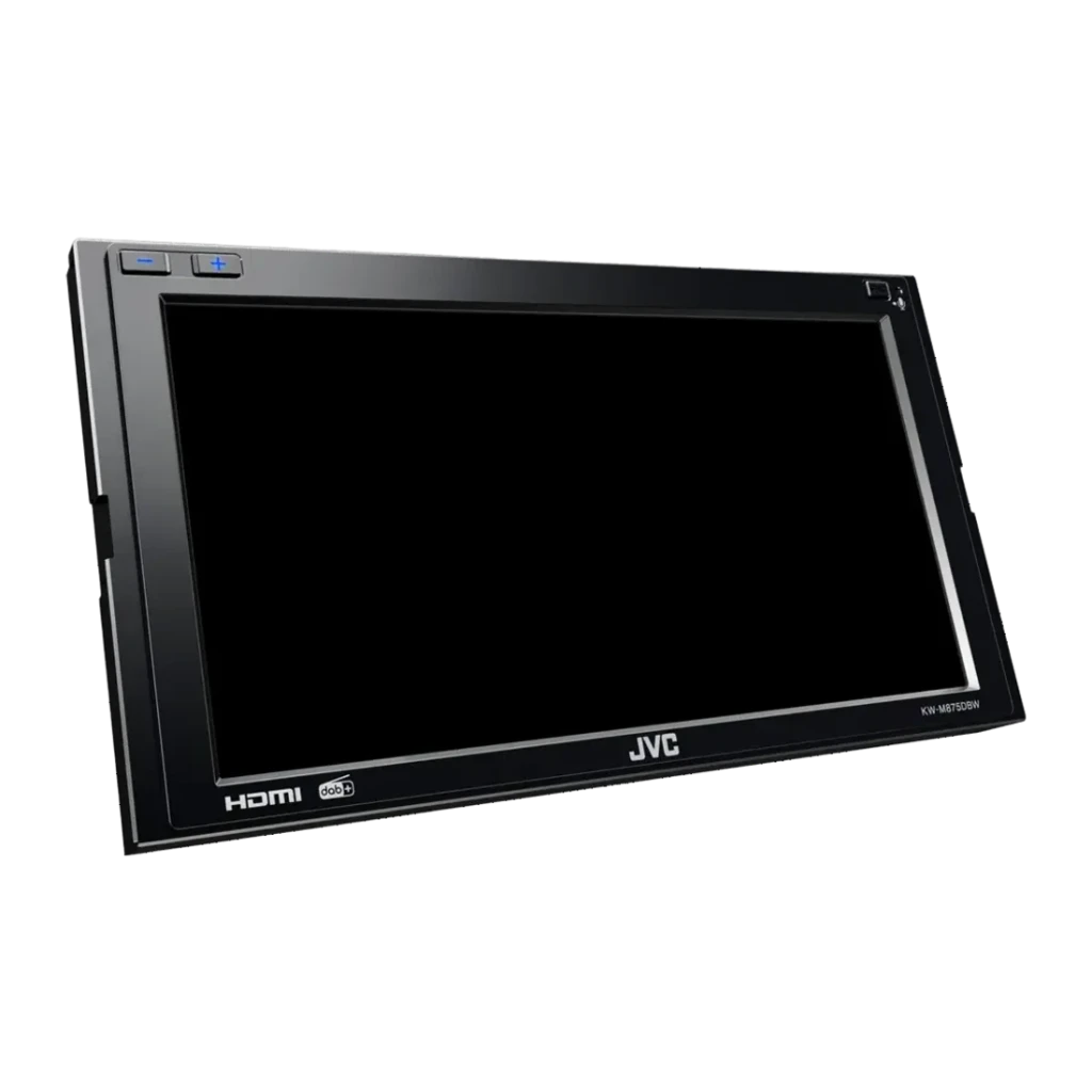 Autorradio JVC Negro CarPlay Android Auto Inalámbrico 6.8 pulgadas KW-M875DBW, detalle: vista lateral con logos HDMI y DAB+