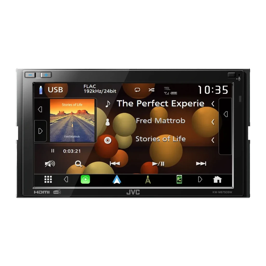 Autorradio JVC Negro CarPlay Android Auto Inalámbrico 6.8 pulgadas KW-M875DBW, detalle: pantalla táctil reproduciendo audio