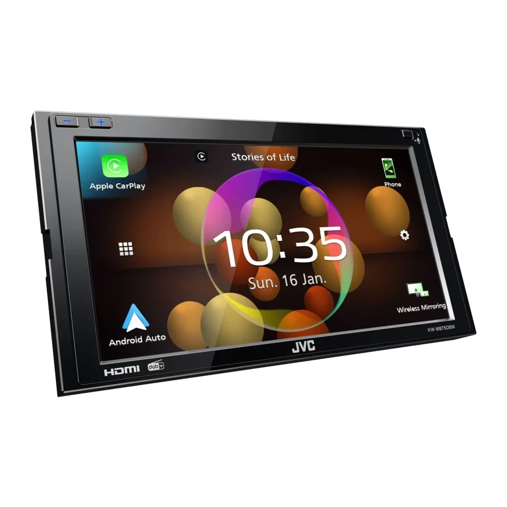 Autorradio JVC Negro CarPlay Android Auto Inalámbrico 6.8 pulgadas KW-M875DBW, detalle: pantalla táctil con iconos CarPlay
