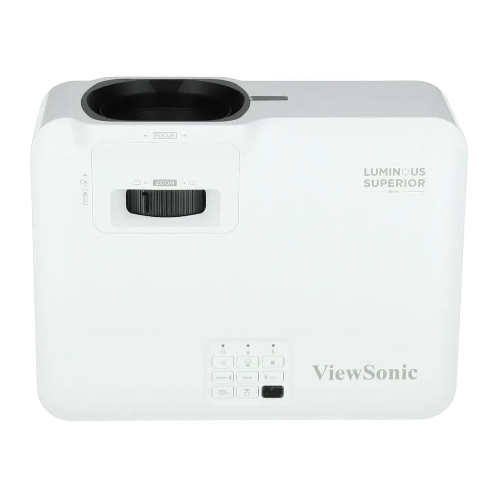 Projecteur ViewSonic Laser Full HD 1080p 5000 Lumens ANSI DLP Blanc V52HD, détail: vue du dessus avec objectif, molette