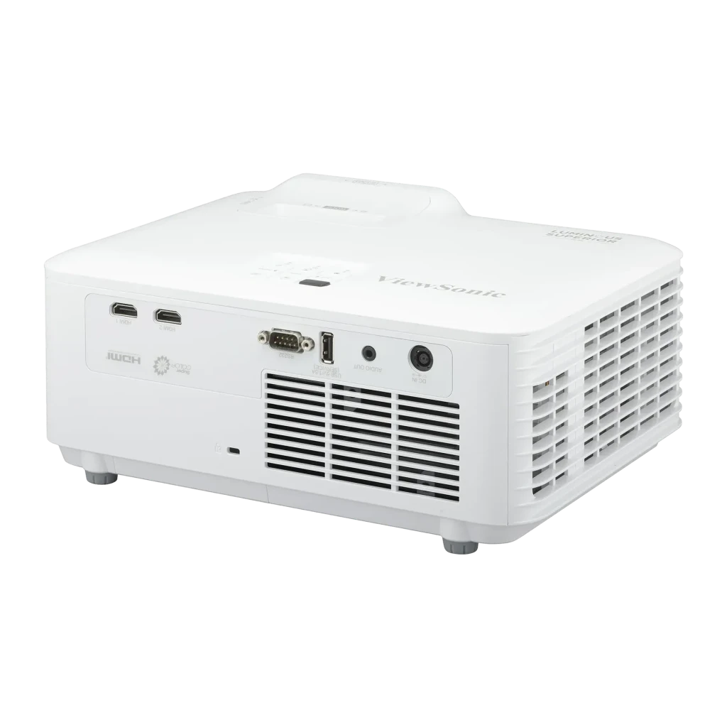 Projecteur ViewSonic Laser Full HD 1080p 5000 Lumens ANSI DLP Blanc V52HD, vue arrière: ports HDMI, VGA, USB et grilles