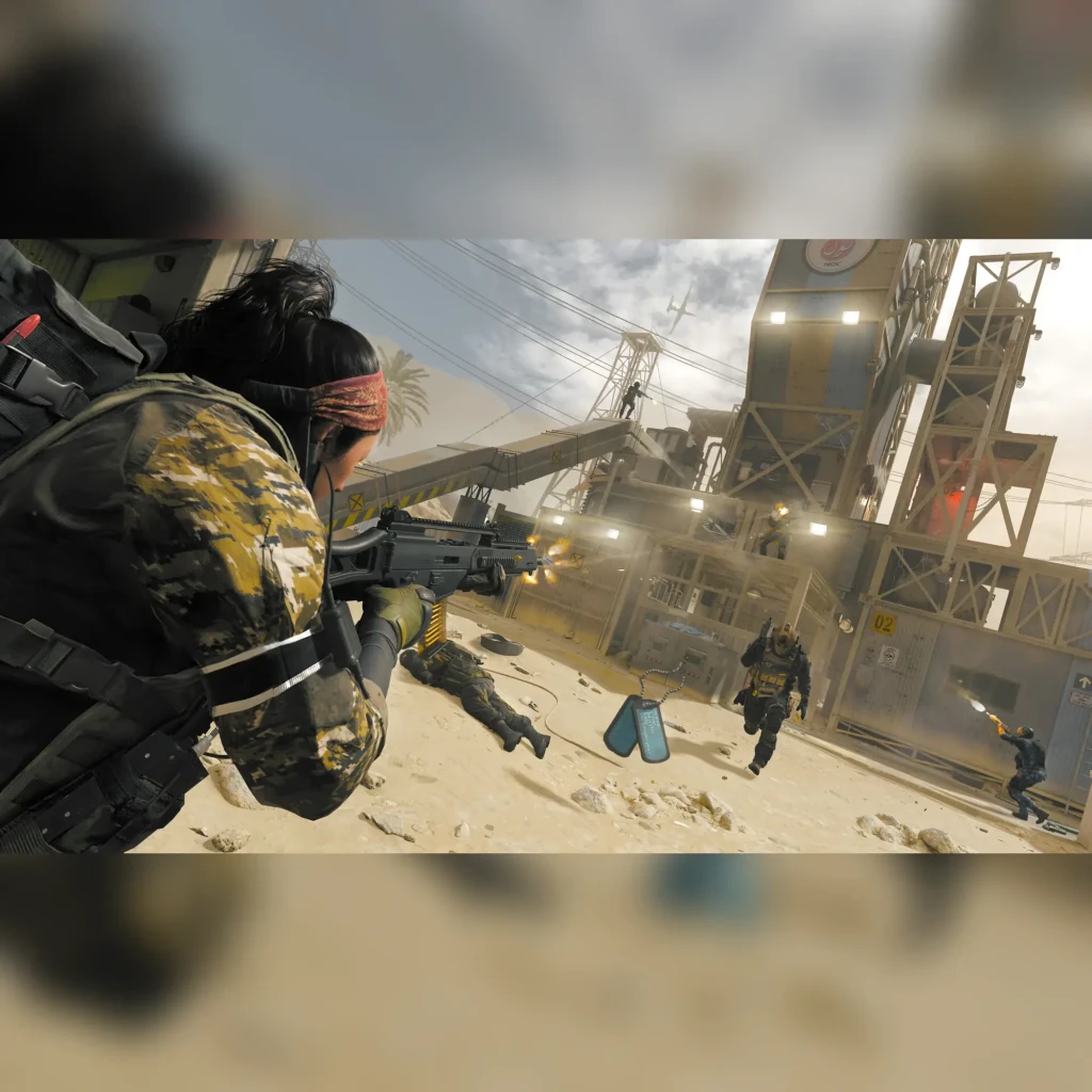 Videojuego Activision Call of Duty: Modern Warfare III Estándar PS4, en uso: soldado con rifle apunta en mapa industrial