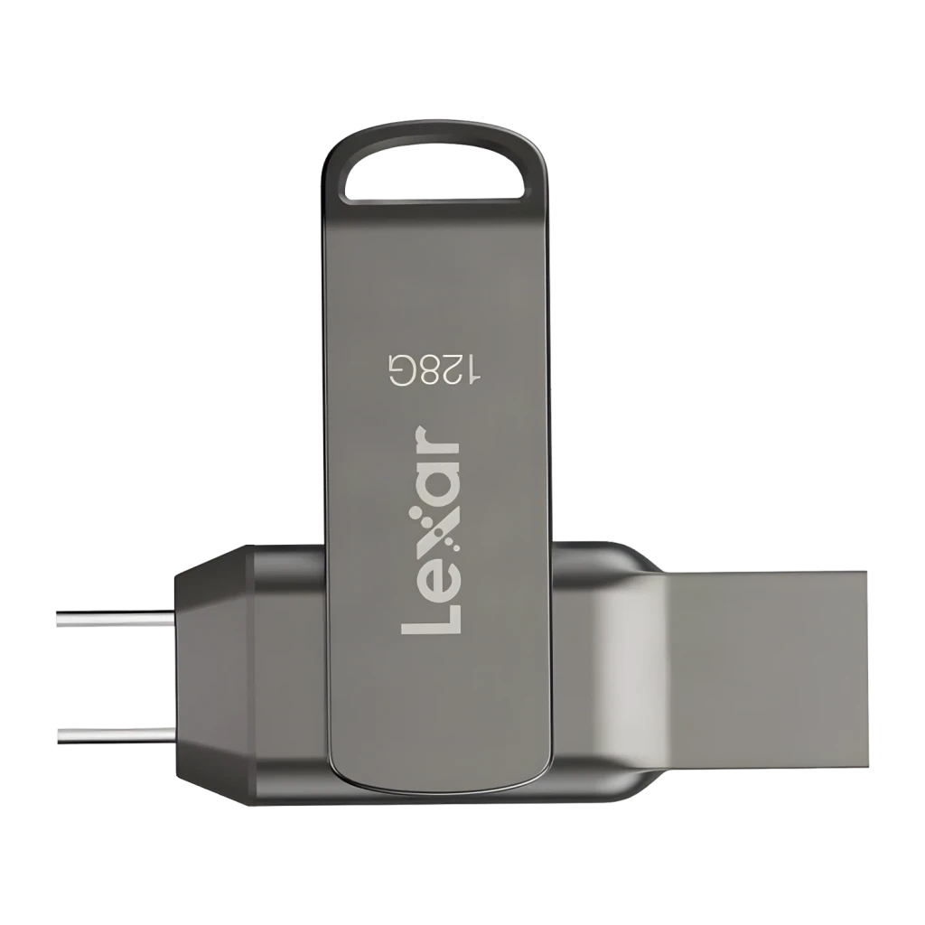 Pendrive Lexar Dual Drive D400 128GB USB-C y USB-A USB 3.1 130MB/s Gris, vista frontal: cuerpo metálico gris con logo Lexar