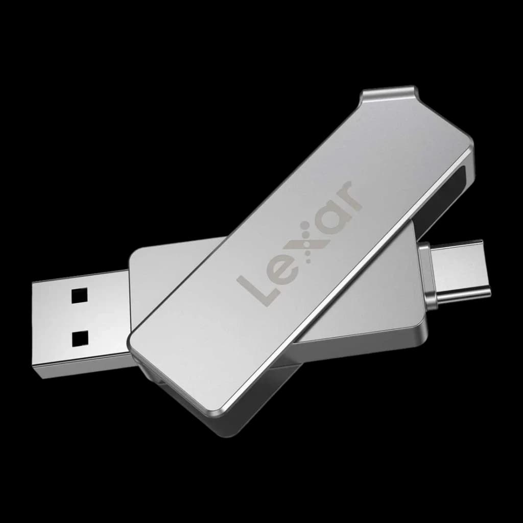 Pendrive Lexar Dual Drive D400 128GB USB-C y USB-A USB 3.1 130MB/s Gris, detalle: conectores USB-A y USB-C desplegados