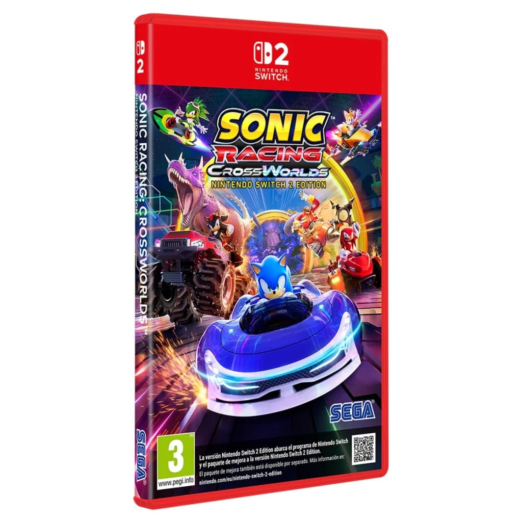 Videojogo SEGA Sonic Racing: CrossWorlds Standard Nintendo Switch 2, vista frontal: caixa com Sonic em kart azul, dinossauro