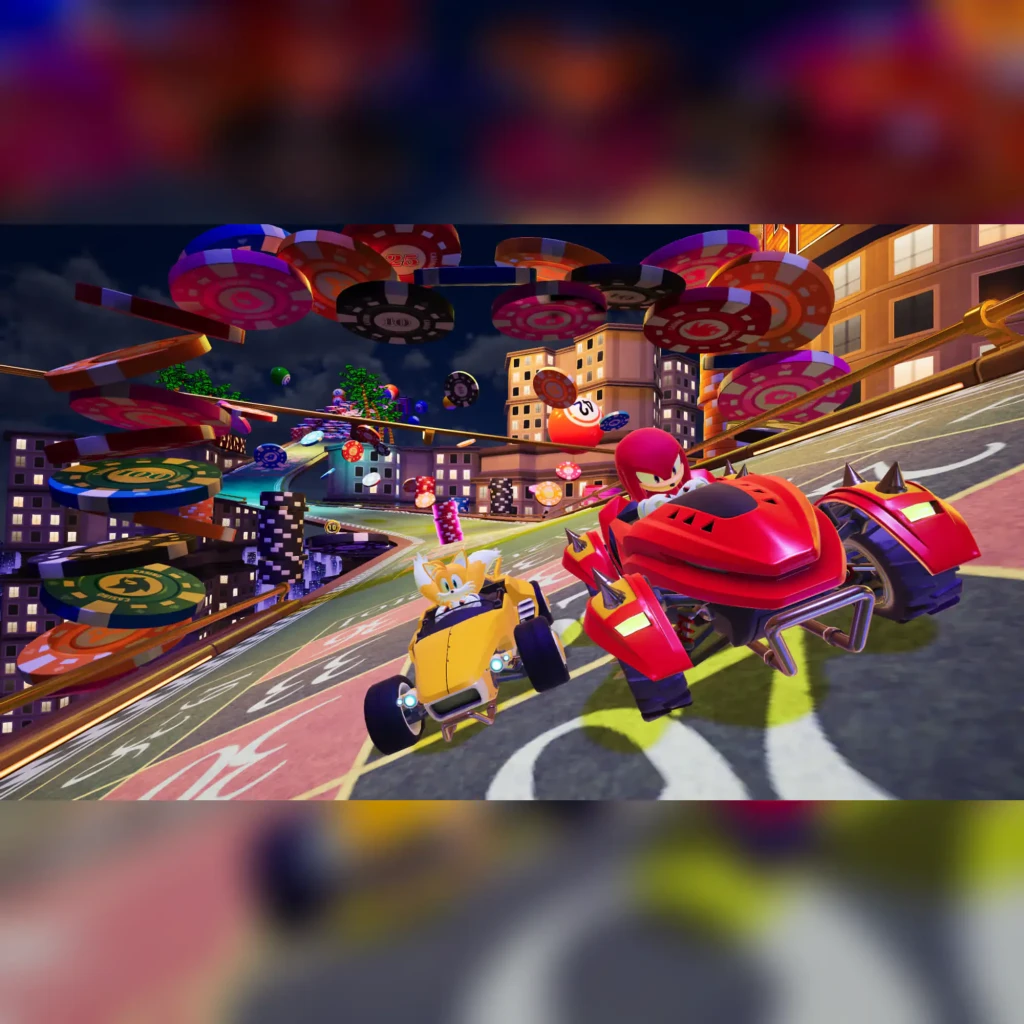 Videojogo SEGA Sonic Racing: CrossWorlds Standard Nintendo Switch 2, em uso: Tails e Knuckles em karts em circuito casino